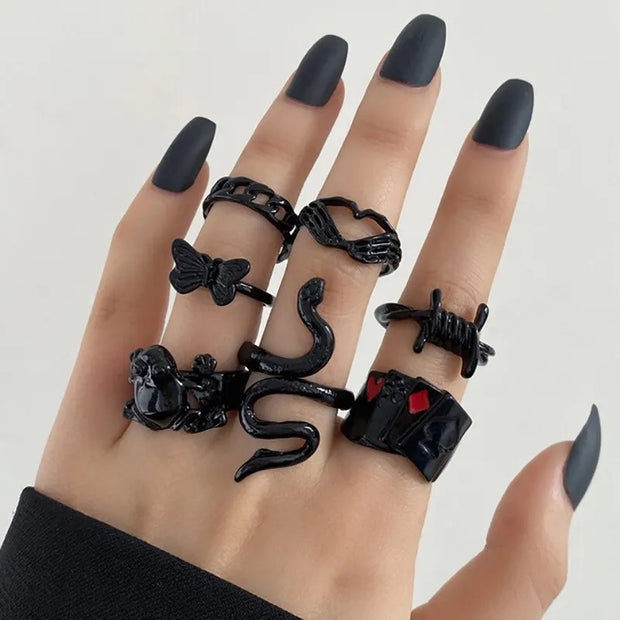 Black Folded Ring Set (7Pcs)