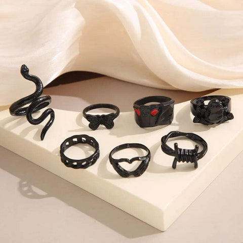 Black Folded Ring Set (7Pcs)