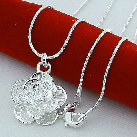 Silver Rose Flower Pendant Necklace