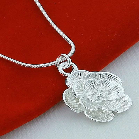 Silver Rose Flower Pendant Necklace