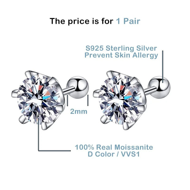 D Color Moissanite Screw-Back Stud Earrings