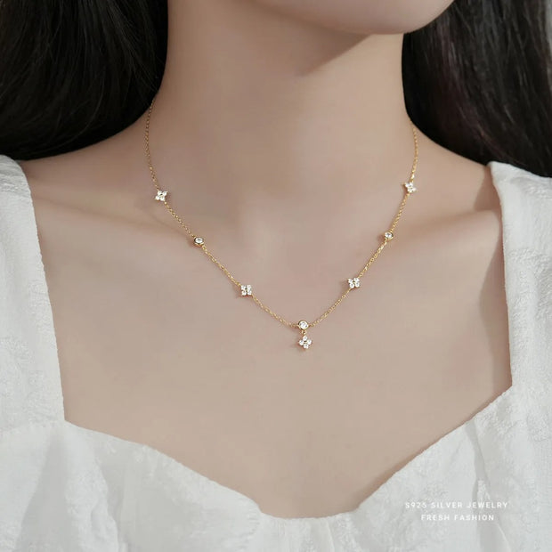 Zircon Four Leaf Flower Chain Necklace