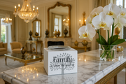 Luxurious marble console with crystal chandelier