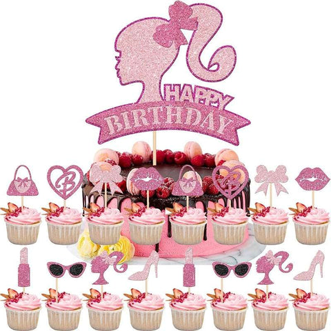 Sparkling Pink Barbie Girl Cake Topper Set