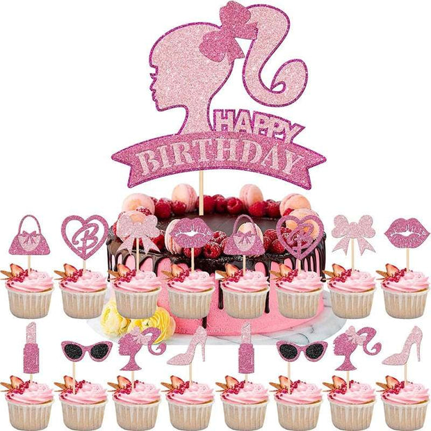 Sparkling Pink Barbie Girl Cake Topper Set