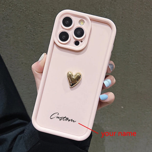 3D Gold Love Heart Custom Name Case for iPhone