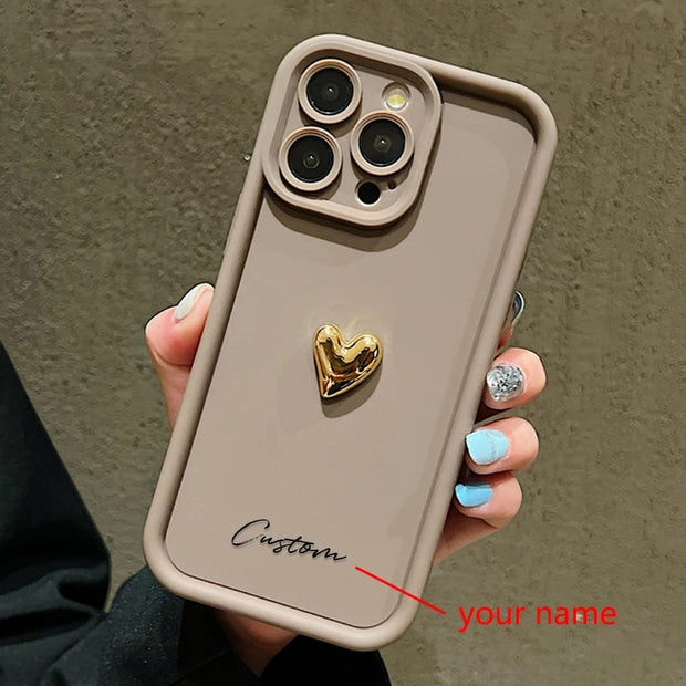 3D Gold Love Heart Custom Name Case for iPhone