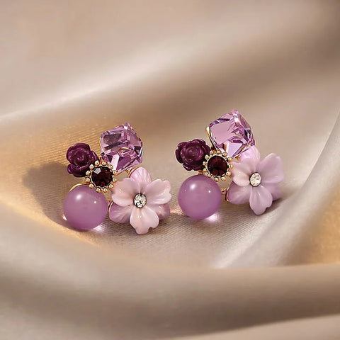 Purple Crystal Flower Stud Earrings