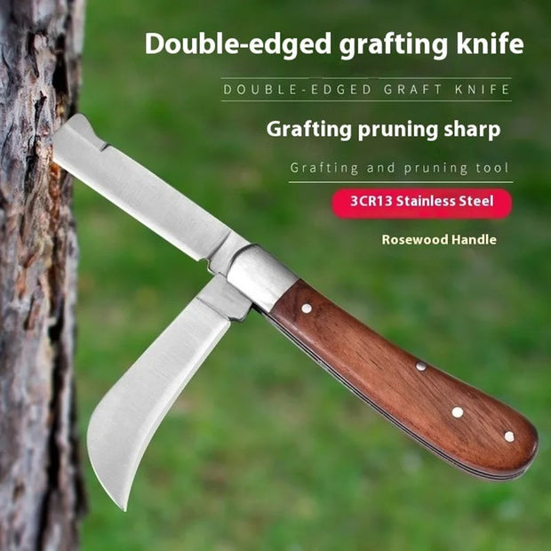 Folding Grafting Knife - Professional Garden Fruit Tree Grafting Cutter - Wooden Handle