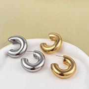 Retro C-Shape Huggie Hoops - Glossy Gold PVD Tube Earrings
