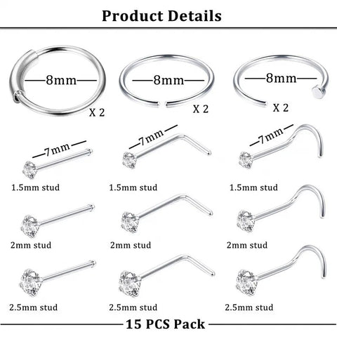 Surgical Steel CZ Nose Ring Set (15PCS)