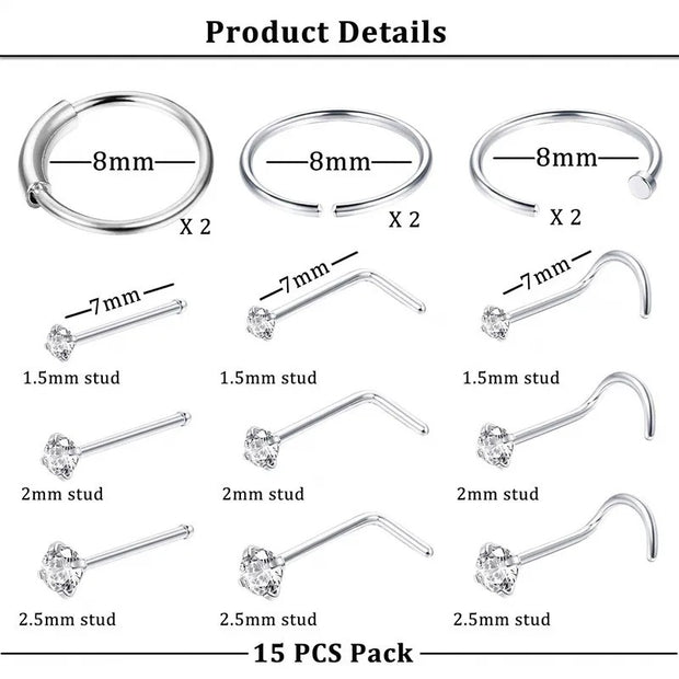 Surgical Steel CZ Nose Ring Set (15PCS)