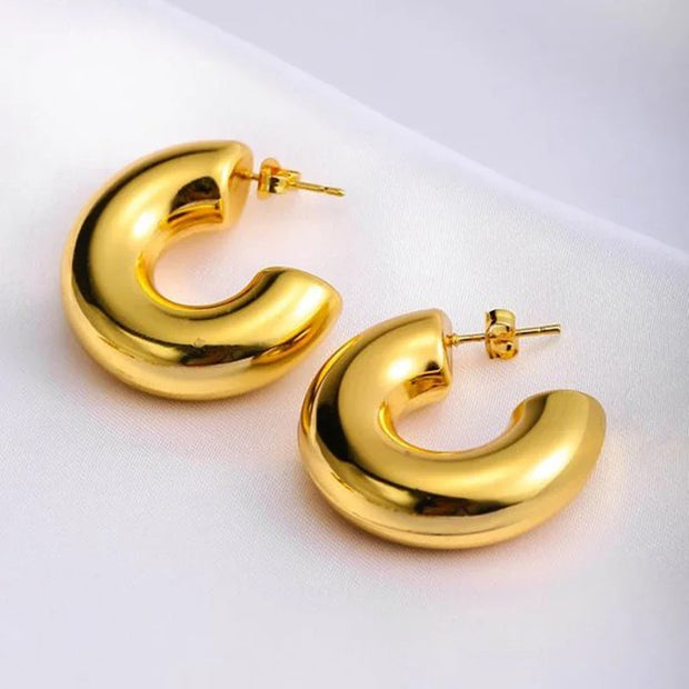 Retro C-Shape Huggie Hoops - Glossy Gold PVD Tube Earrings