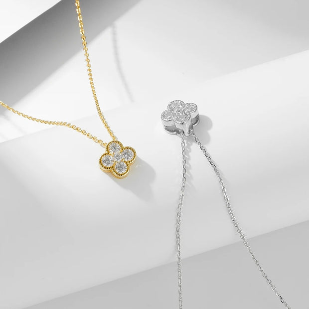 CZ Four Leaf Clover Pendant - 14K Gold Plated Sterling Silver Necklace