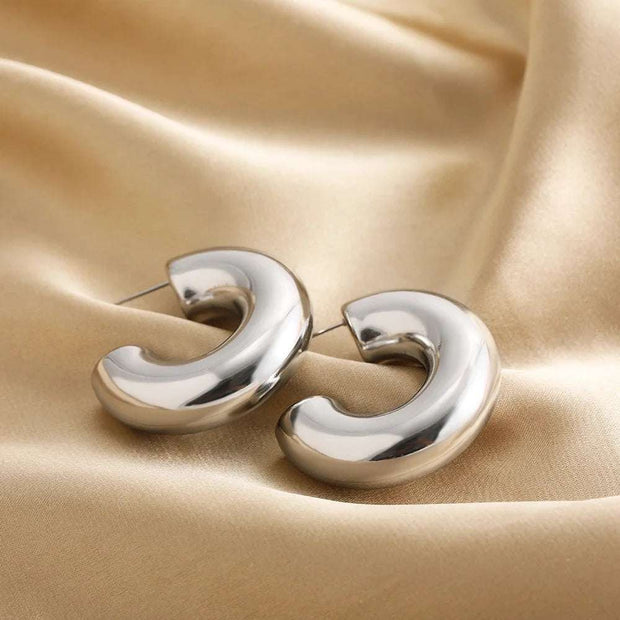 Retro C-Shape Huggie Hoops - Glossy Gold PVD Tube Earrings