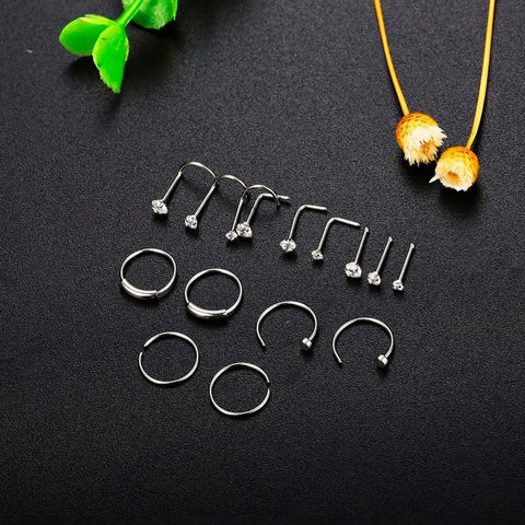 Surgical Steel CZ Nose Ring Set (15PCS)