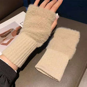 Mink Fleece Fingerless Gloves Women Winter Warm Plush Mittens