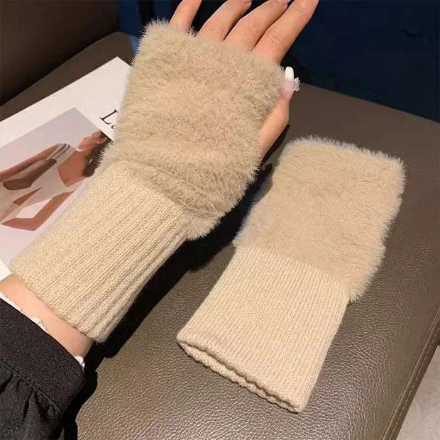 Mink Fleece Fingerless Gloves Women Winter Warm Plush Mittens