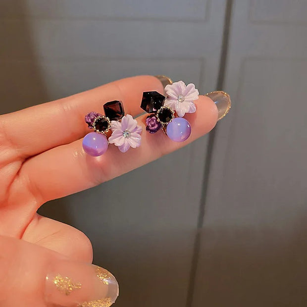 Purple Crystal Flower Stud Earrings