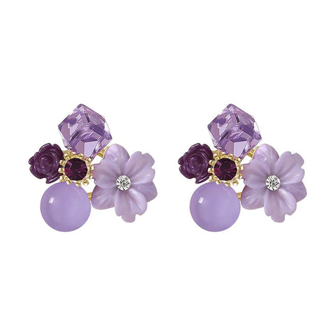 Purple Crystal Flower Stud Earrings