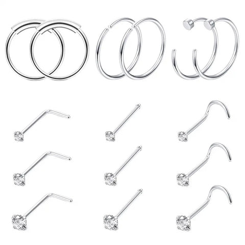 Surgical Steel CZ Nose Ring Set (15PCS)