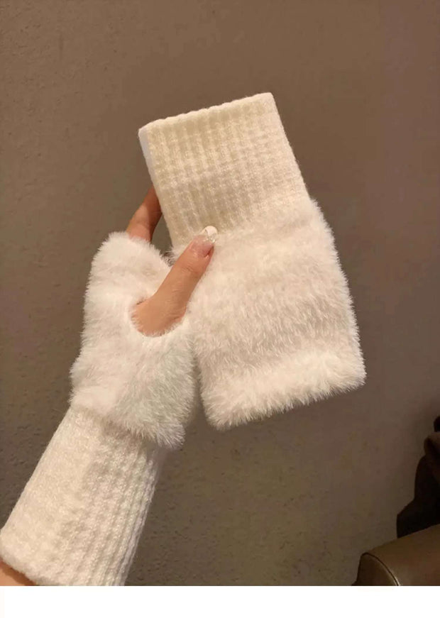 Mink Fleece Fingerless Gloves Women Winter Warm Plush Mittens