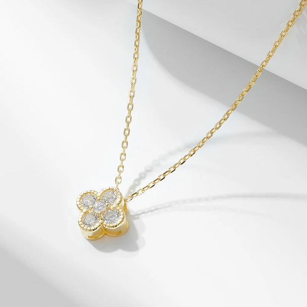 CZ Four Leaf Clover Pendant - 14K Gold Plated Sterling Silver Necklace