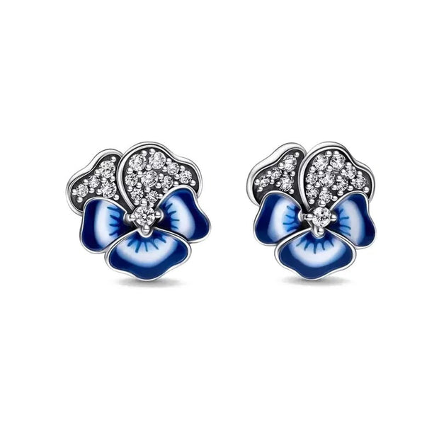 BLUE PENCY FLOWER STUD EARRINGS